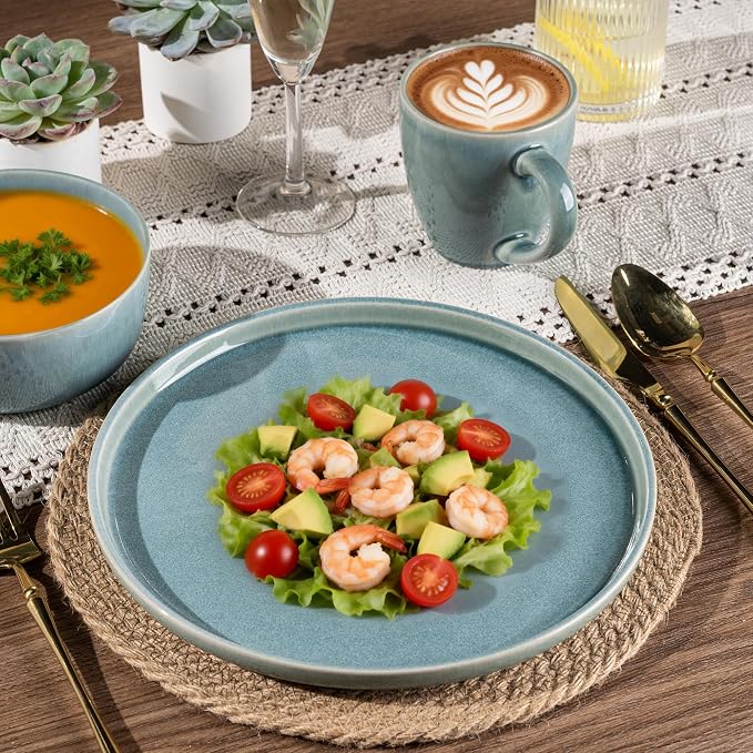 GBHOME Ceramic Dinnerware Sets for 6, 18 Pieces Stoneware Plates and Bowls Sets, Scratch Resistant Dishes, Dishwasher & Microwave Safe, Reactive Glaze-Malachite Green