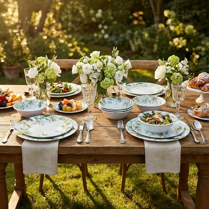 12-Piece Melamine Dinnerware Set, Green & White | Shatterproof Plates and Bowls, Elegant Lily Pattern, Everyday Dining, Outdoor Picnics and RV Camping