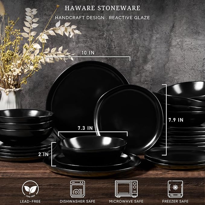 HaWare Plates and Bowls Set, Stoneware Dinnerware Sets, 18-Piece Hand-painted Dish Set for 6, Ceramic Dishware for Home Kitchen, Scratch Resistant, Microwave and Dishwasher Safe, Matte Black