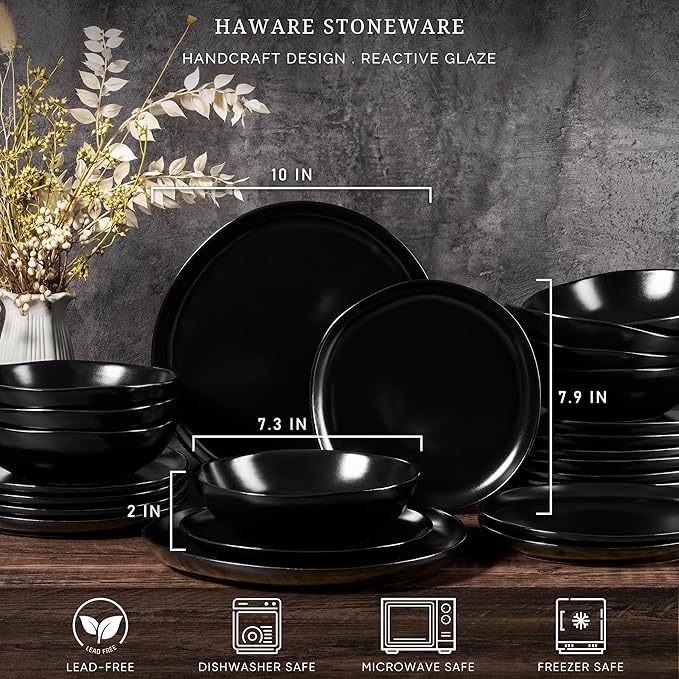 HaWare Dinnerware Sets, 24-Piece Stoneware Plates and Bowls Set, Dish Set for 8, Ceramic Dishware for Home Restaurant, Chip and Scratch Resistant, Microwave and Dishwasher Safe, Matte Black