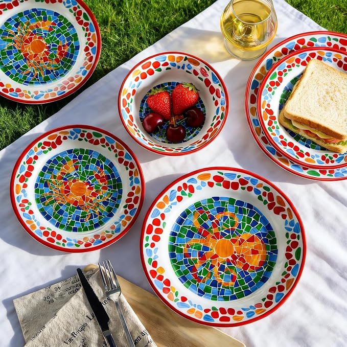 Melamine Dinnerware Sets for 4,Unbreakable Coastal Red Dishes | Reusable Plates and Bowls Sets, Chip Resistant Dinnerware Set for Camping, Lightweight Dishes with Nautical Ocean