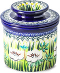 French Butter Crock with Lid for Countertop,Handpainted Floral Butter Keeper with Water Seal Line, Farmhouse Ceramic Butter Container Airtight for Soft Spreadable Butter,Housewarming Gifts