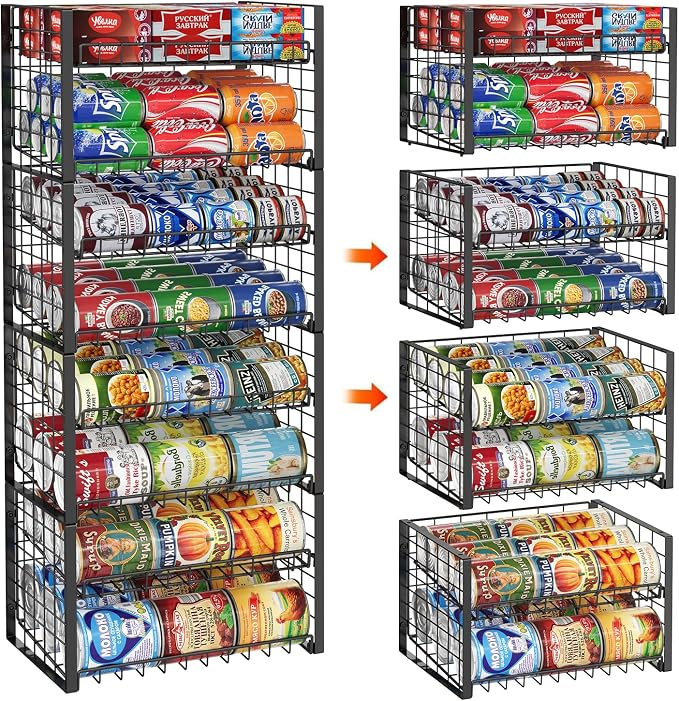 JKsmart 2-Tier Stackable Rack Organizer for Pantry, Adjustable Dispenser Holds Up to 120 Cans, Storage Holder for Various Ounces of Canned Drinks, Black, 4 Pack