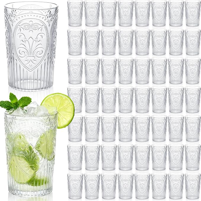 100 Pcs 16 oz Plastic Vintage Drinking Glasses Stemless Ribbed Highball Glasses Bulk Embossed Reusable Cup for Water Beer Cocktails Juice Wedding Bridal Shower Birthday Event Party (Clear)