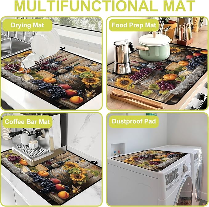 Glass Stove top Cover 28"x 20", Stove Top Covers for Electric Stove, Flat Range Mat for Glass Cooktop, Kitchen Heat-Resistant Protector Non-Slip Drying Mat (Fruits and Sunflower)