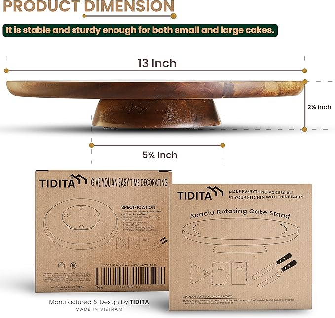 TIDITA 13" Acacia Cake Stand Rotating – Rustic Wood Pedestal Stands Turntable with 2 Icing Spatulas, 3 Smoothers – Wooden Spinning Cake Decorating Serving for Cupcake Dessert Display in Party, Wedding