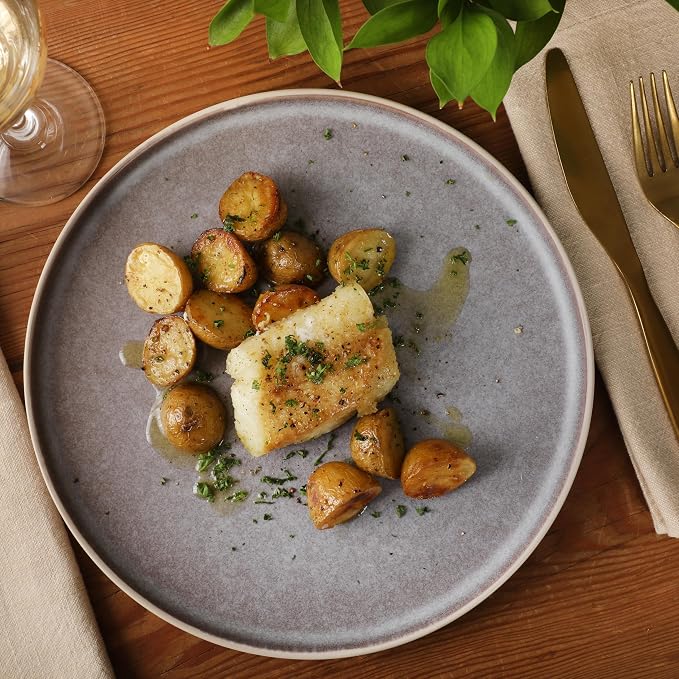 Gibson Elite Coastal Forest Plates and Bowls Sets, 12-Piece Stoneware Dinnerware Sets, Triple Reactive Glaze Dish Set - Light Grey and Cream White