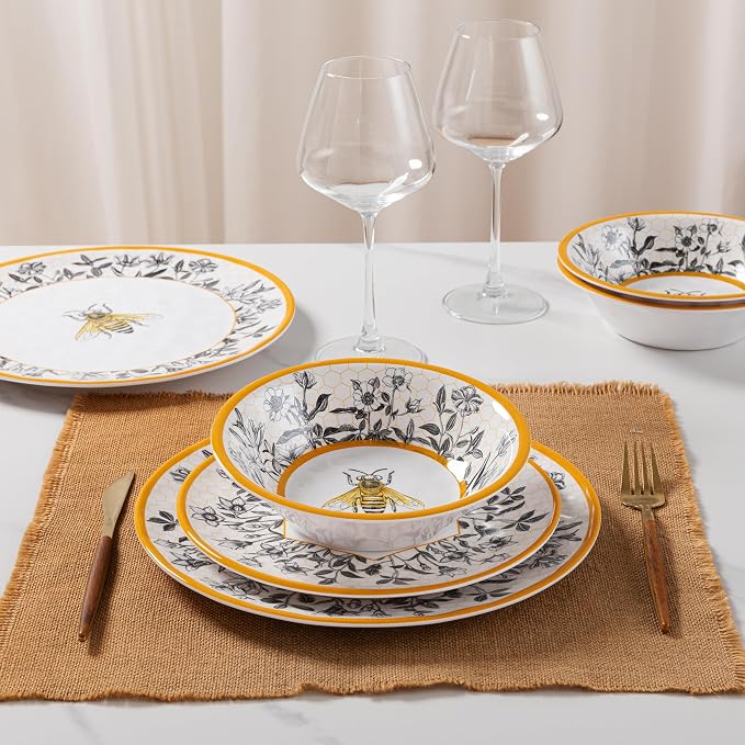 LEHAHA Honeycomb Bee Sweet 12-Piece Melamine Dinnerware Set,Melamine Dishes Set of 4, Lightweight and Unbreakable Garden Floral Dinner Plates and Side plates and All-purpose Bowls Set