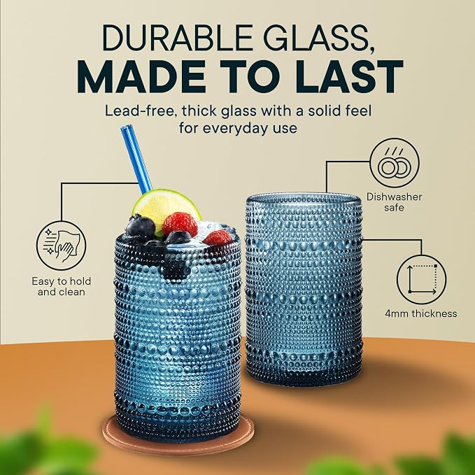 15 OZ Hobnail Drinking Set, Cornflower Blue, 12-Piece | Vintage Embossed Glassware, Textured Tumblers, Includes Straws and Coasters, For Water, Beer, Cocktails, Whiskey