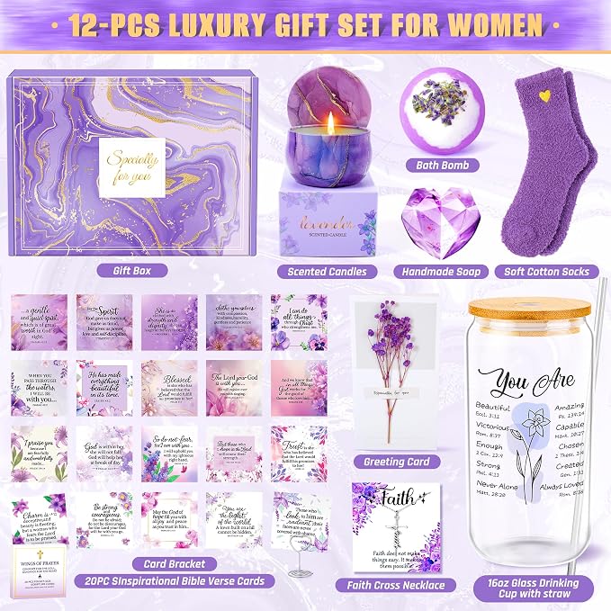 12PCS Christian Gifts For Women Faith - Inspirational Religious Birthday Gifts, Purple Spiritual Baptism Baskets For Mom, Grandma, Wife, Mothers, Friend, Sister,Catholic&Encouragement Birthday Gift