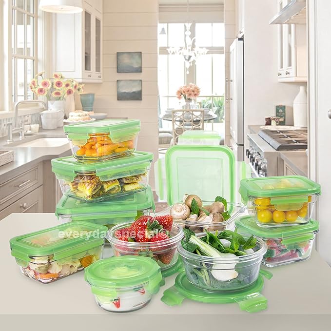 Tempered Glasslock Storage Containers 20pc set Green Lids Microwave & Oven Safe Airtight Anti Spill Proof