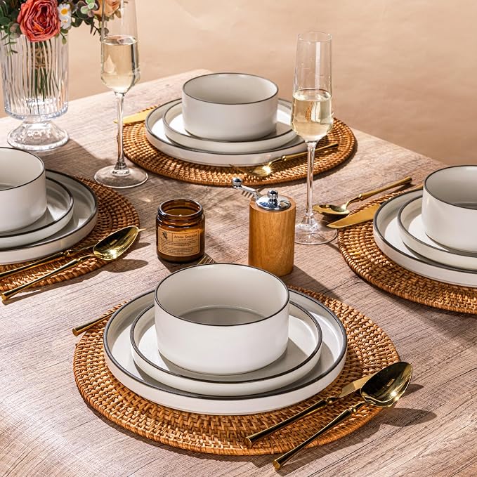 LERATIO Ceramic Dinnerware Sets for 6, High Edge Stoneware Plates and Bowls Set, Chip and Crack Resistant | Oven & Dishwasher & Microwave Safe Dishes Set, Service for 6 -Creamly White