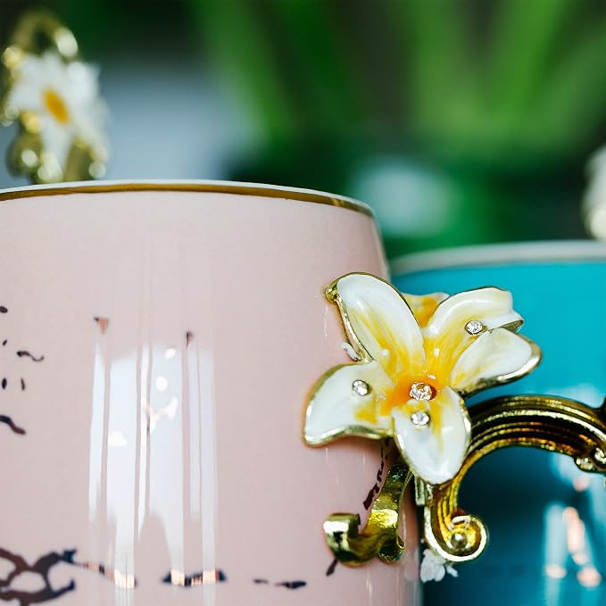BTaT- Floral Ceramic Mugs with Spoon, Set of 2, Pink and Blue, Fancy Coffee Mugs with Spoon
