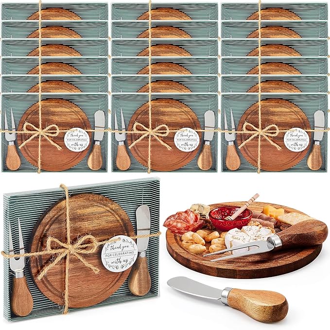 Maxcheck 18 Sets Baby Shower Bridal Game Prizes for Winners Round Cheese Board Set Wood Mini Charcuterie Board with Knives and Forks Thank You Card with Gift Box for Guests Wedding (Acacia)