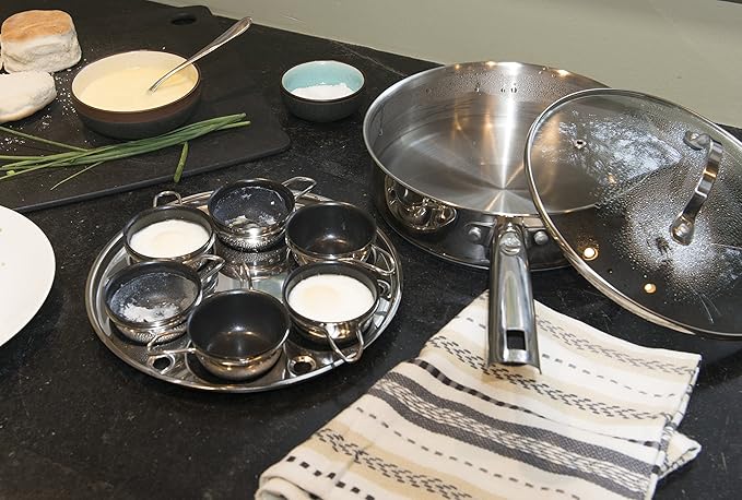 RSVP International Endurance® Egg Poacher Set for 6 Eggs | Glass Lid with Steam Vent | Perfectly Poached Eggs | Includes Non-Stick Poaching Insert | Dishwasher Safe