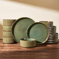 Stoneware Plates and Bowls Dishes Sets Service for 6 (18-Piece), Famiware Premium Handcrafted Reactive Glaze Dinnerware Set with Raised Rim, Scratch Resistant, Microwave Dishwasher Safe, Moss