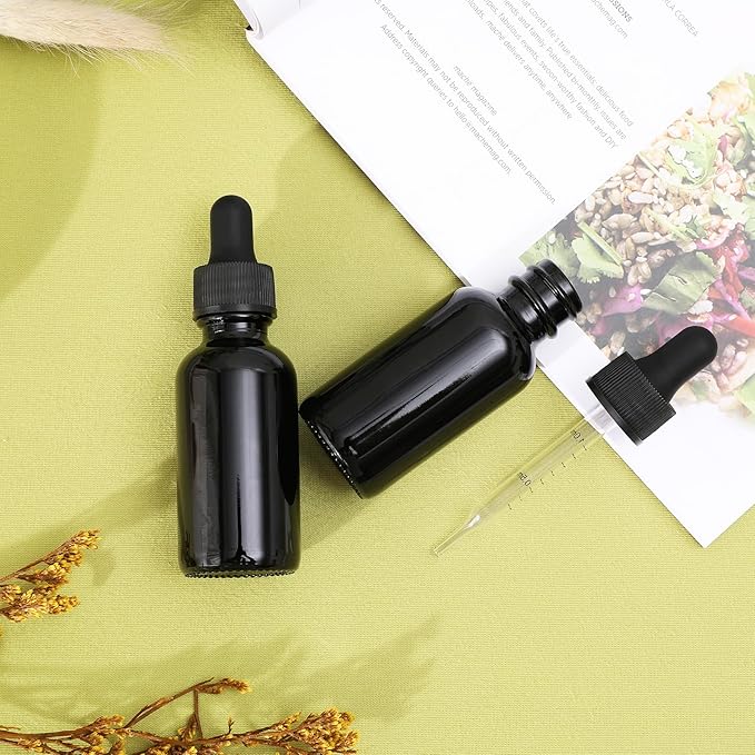 NOOEEISS 48 Pack,1oz Glass Dropper Bottle,Blakc Tincture Bottles with Dropper,Pretty Finish for All Kinds of Liquids,Oil Bottles for Hair- Stronger Suction ideal for Leakproof Travel