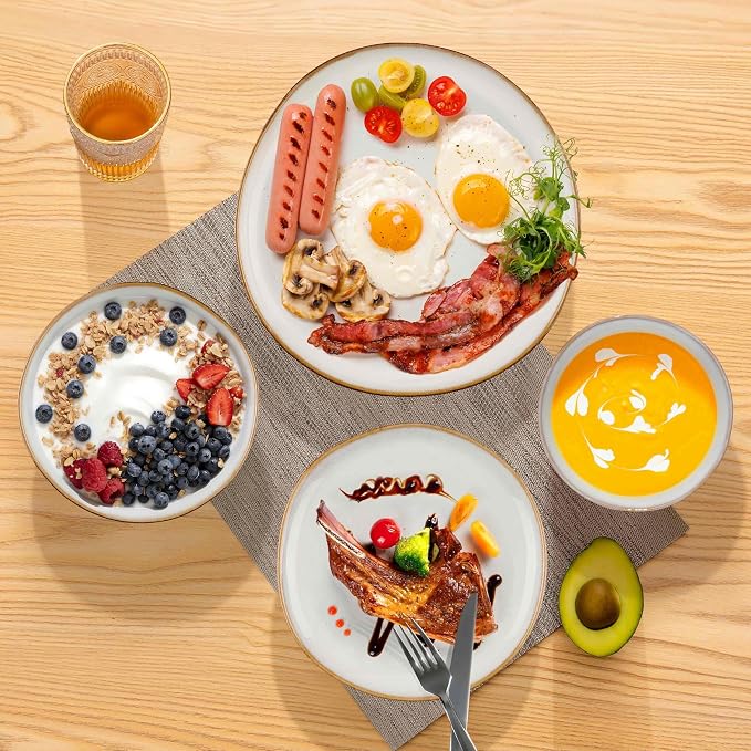 Herogo 24Pcs Plates and Bowls Dinner Set, Stoneware Dinnerware Dishes Sets for 6, Ceramic Dishware Tableware Includes Dinner Salad Plates, Soup Bowls, Microwave & Dishwasher Safe, Pearl White