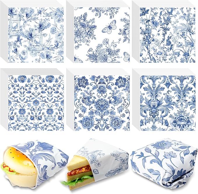 Affrolling 600 Pcs Wax Paper Sheets for Food Blue Floral Chinoiserie Bird Deli Paper Vintage Sandwich Burger Parchment Wrapper Food Basket Liner Wax Sheets for Picnic Party Supplies Kitchen, 6 Styles