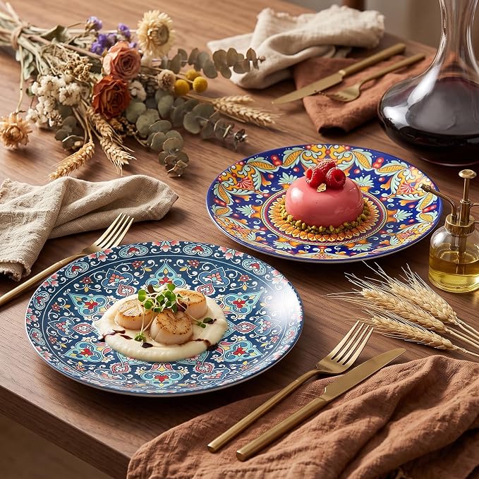 glowworm Dinnerware Sets for 6, 18 Pieces Plates and Bowls Set, Ceramic Dishes Set for 6, Oven, Microwave & Dishwasher Safe, Scratch Resistant, Bohemian