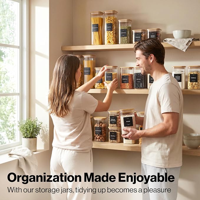 EDELHAUS Glass Storage Containers with Lids - Canister for Pantry Food | Bamboo Lids Black Labels Set of 5 - cereal flour sugar rice coffee tea spice pasta noodles dry goods 54 pre-printed labels