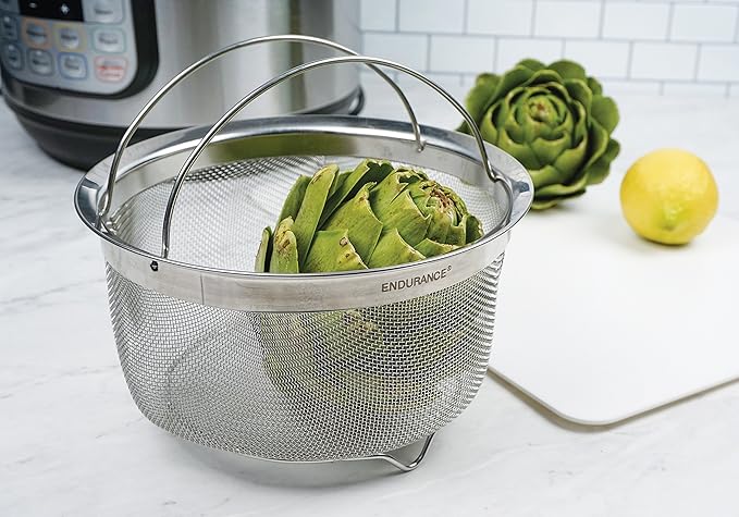 RSVP International Mesh Colander Strainer Basket with Folding Handles, 3 Quarts | For Pasta, Frying, & Salads | Dishwasher Safe | Use in Pressure Cookers | Steaming, Draining & Rinsing