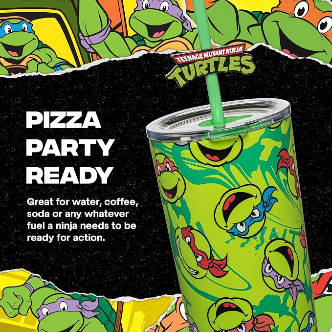 Dragon Glassware x Teenage Mutant Ninja Turtles Insulated Tumbler, 24 oz | Vacuum Insulated Stainless Steel Tumbler with Straw & Lid; Double Walled TMNT Tumbler with Straw Topper; Ninja Turtle Cup