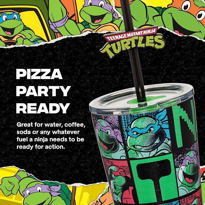 Dragon Glassware x Teenage Mutant Ninja Turtles Insulated Tumbler, 16 oz | Vacuum Insulated Stainless Steel Tumbler with Straw & Lid; Double Walled TMNT Tumbler with Straw Topper; Ninja Turtle Cup
