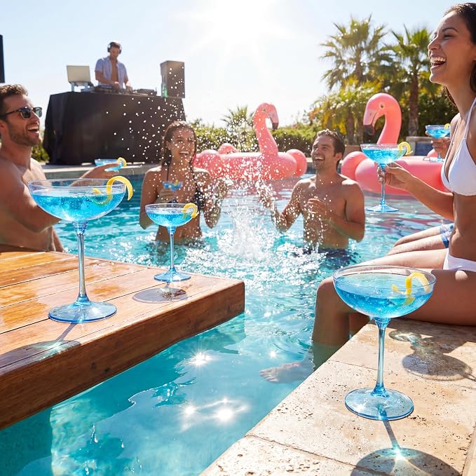 LemonRoad 24 Pcs Plastic Coupe Glasses 9 oz Disposable Martini Glasses for Cocktails, Champagne, Desserts and Espresso, Drinkware Set for Weddings, Birthday Parties, Home Bars (Blue)