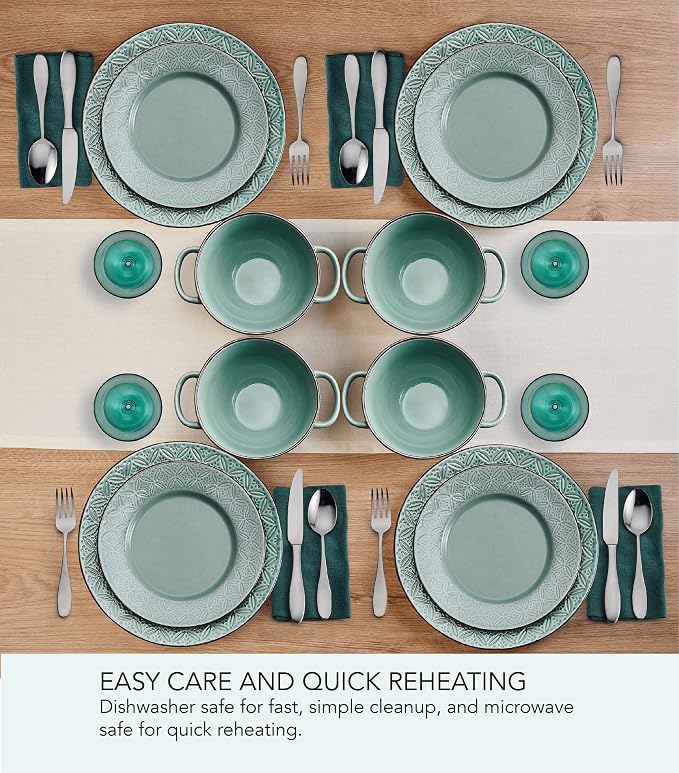 Pfaltzgraff Kori 12 Piece Dinnerware Set with Double Handled Bowl, Service for 4, Sage