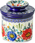 French Butter Crock with Lid for Countertop,Handpainted Floral Butter Keeper with Water Seal Line, Farmhouse Ceramic Butter Container Airtight for Soft Spreadable Butter,Housewarming Gifts