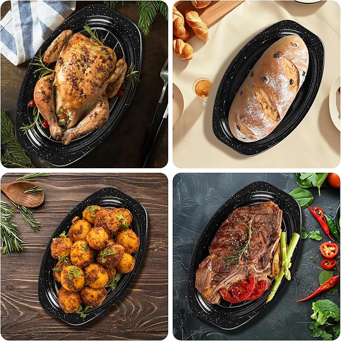 13” Roasting Pan with Lid, Small Enameled Carbon Steel Oven Roaster for Chicken, Turkey, Meat, Bread, Sourdough, Heat Resistant to 572℉, Dishwasher/Induction Safe, including Stainless Steel Oval Rack