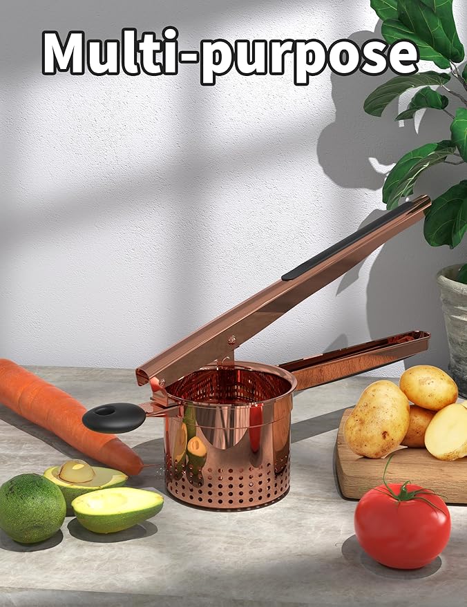 GloTika Large 15oz Potato Ricer, Heavy Duty Stainless Steel Ricer for Mashed Potatoes, Sweet Potato Masher Kitchen Tool with Ergonomic Handle, Press and Mash Kitchen Gadget, Rose Gold