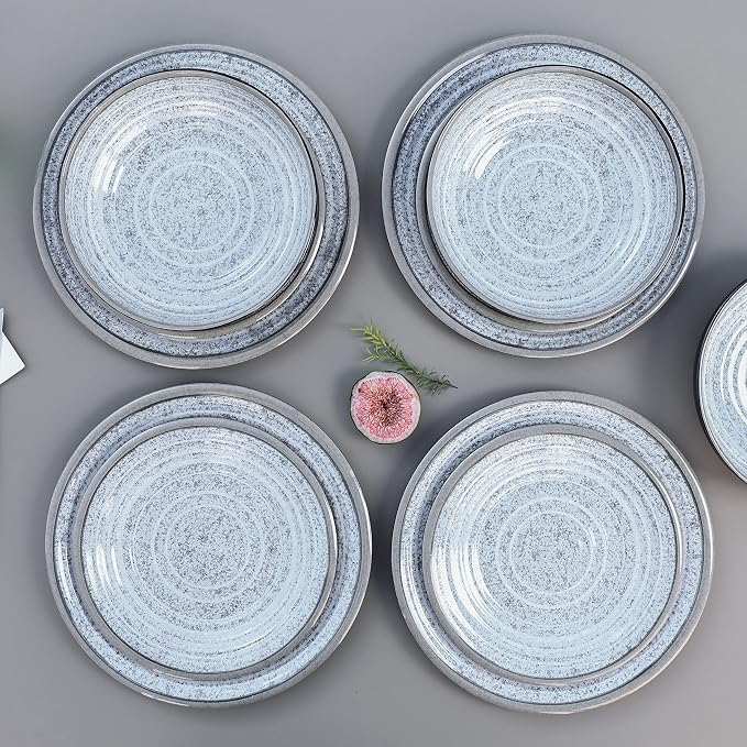 Melamine Dinnerware Sets 12 PCS - Service for 4 Plates & Bowls Sets Dishwasher Top-Shelf Safe, BPA Free Dinner Dishes Set for Everyday Use-Granite Pattern Black Back