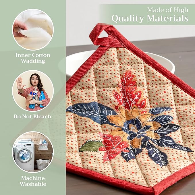 Maison d' Hermine Pot Holders 100% Cotton Heat Resistant Potholders 8" x 8" Hot Pads with Loop for Thanksgiving Christmas Decorations BBQ Cooking Baking Handling Hot Pans (Pack of 1, Kalahari)