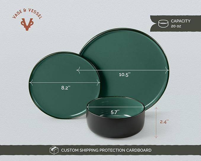 Dinnerware Set, 12 Piece Service for 4, Vase and Vessel, Ceramic 10.5” Dinner Plates, 8.2” Salad Plates and 20 oz Bowls, Stoneware, Somerset Collection (Black/Jade)