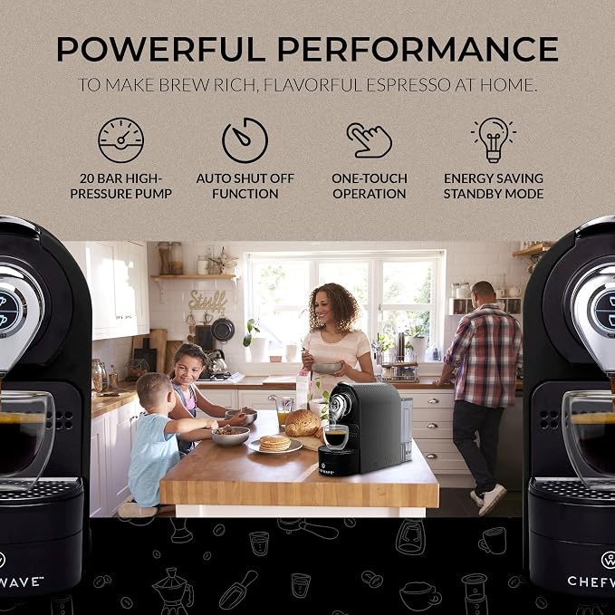 ChefWave Káva Espresso Machine - Nespresso-Compatible, 20 Bar Pressure, Fast Heat-Up, Compact Design, Auto Off, Dishwasher-Safe Water Tank