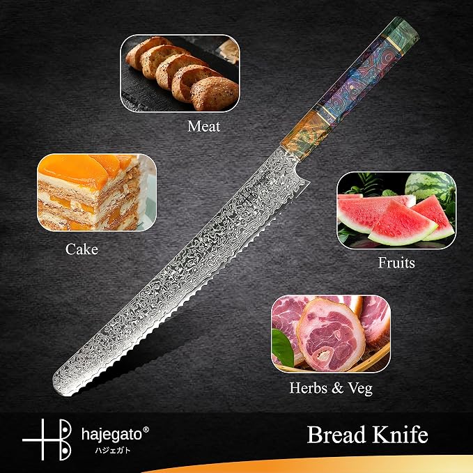 Damascus Chefs Knife Bread Slicer Unique One of Kind Handle Professional 10 Inch Japanese Chefs Kitchen Knife Vg10 67 Layers Damascus Steel Knive - Part of Chef Knife Set