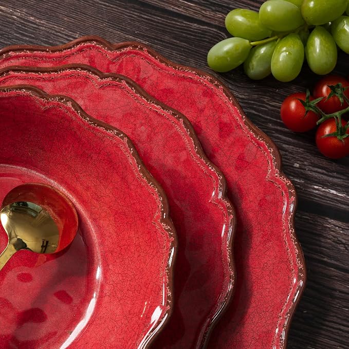 LEHAHA Luxury 12 Piece 100% Melamine Dinnerware Sets, Rustic Scalloped rim Bowls and Dinner/Dessert Plates set, Spring Camping dishes indoor and outdoor use, Service for 4, Christmas Red