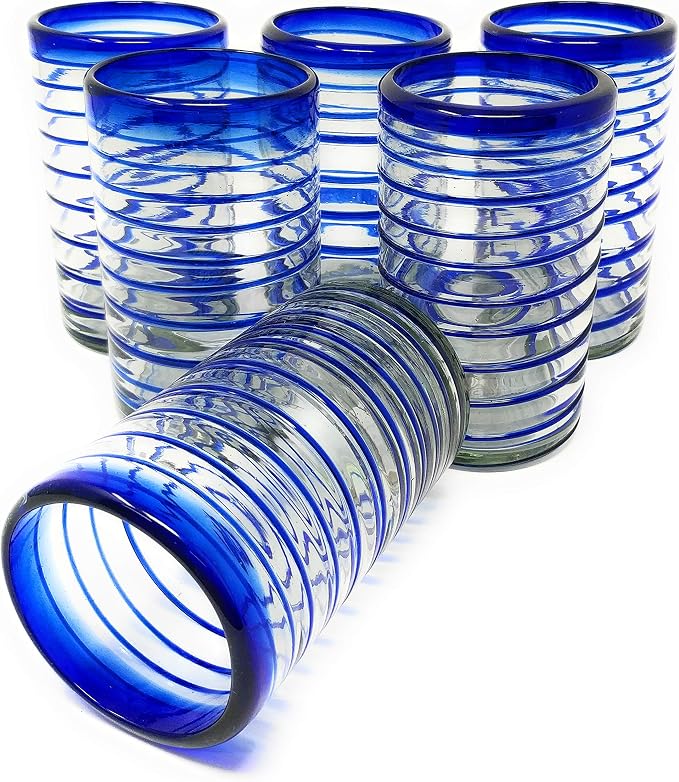 Hand Blown Mexican Drinking Glasses – Set of 6 Glasses with Cobalt Blue Spiral Design (14 oz each)