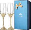 Gold Champagne Flutes - Crystal Glass Metal Base With Crystal Stones, Set of 2 Toasting Flute Pair, Wedding Anniversary Party Birthday Banquets and Gifts for Bride and Groom (Gold)