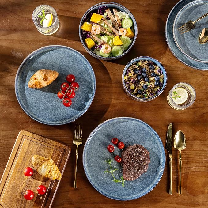GBHOME 18-Piece Stoneware Dinnerware Set for 6 – Ribbed Ceramic Plates and Bowls, Scratch-Resistant, Microwave & Dishwasher Safe, Reactive Glaze, Ceylon Blue
