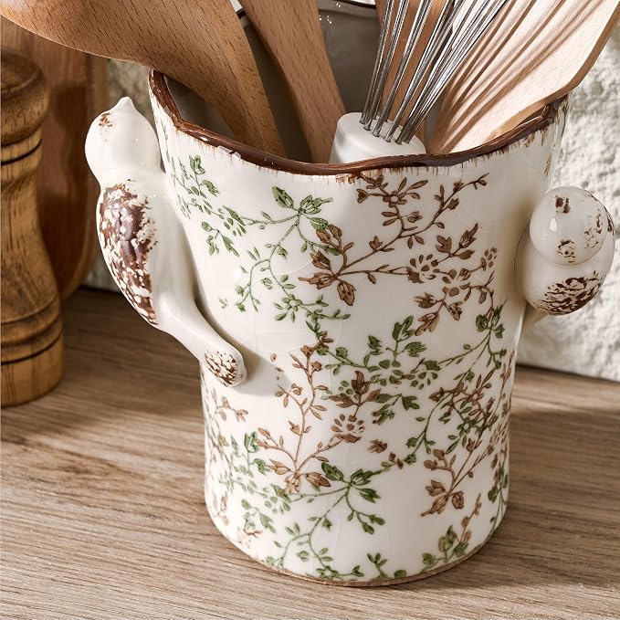 6.34'H Utensil Holder for Kitchen Counter, Modern Farmhouse Cooking Utensil Holder and Crock Home Kitchen Decor, Ceramic Utensil Organizer for Spatula, Ladle, Eggbeater, Rolling Pin- Green and Beige