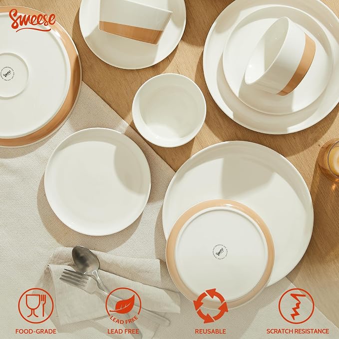 Sweese 18 Pieces Porcelain Dinnerware Set, Modern Dish Set for 6, Hand Painted Kitchen Plates and Bowls Sets, Scratch Resistant Dishware Sets, Dishwasher & Microwave & Oven Safe Dinner Set, Brown