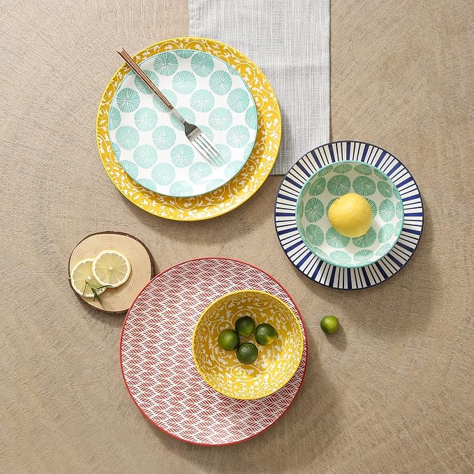 Selamica Ceramic Dinnerware Sets, 12-Pieces Plates and Bowls Sets, Scratch Resistant Dishes set for 4, Dishwasher & Microwave Safe, Assorted Colors