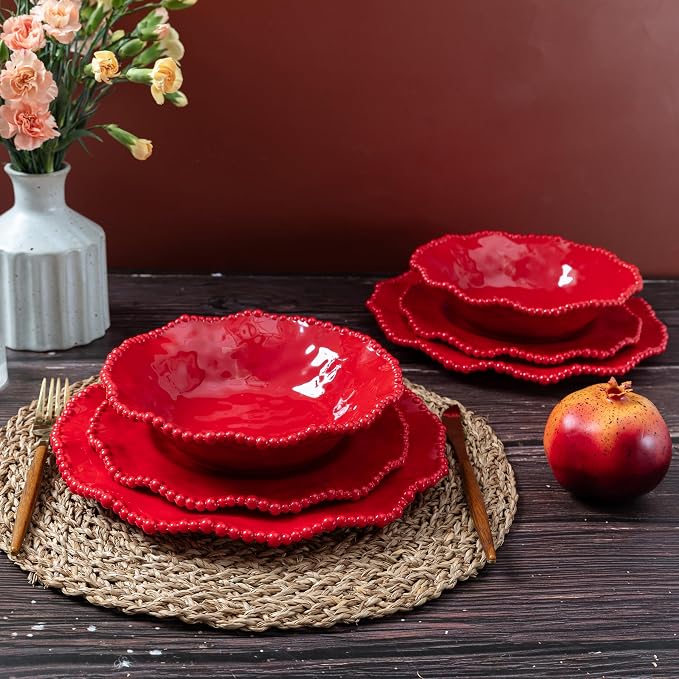 Christmas Red 18 Piece Beaded Melamine Dinnerware Sets, Service for 6, Lightweight Unbreakable, BPA Free With Scalloped rim Plates and Bowls Sets, Dishwasher Safe, Indoor and Outdoor Use