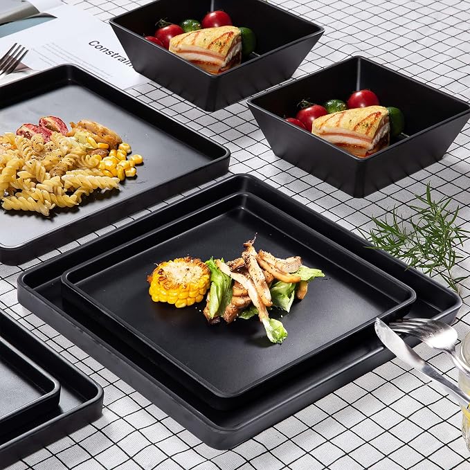 Melamine Dinnerware Sets - 12pcs Square Plates and Bowls Set, Dishes Set, Black