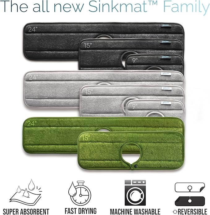 Ternal Original SINKMAT 24in XL Faucet Splash Guard Extra Long Microfiber Sink Drip Catcher Mat Non Slip Countertop Protector Drying Pad Kitchen Bathroom RV Machine Washable [Moss Green]