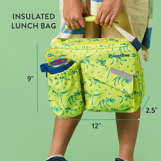 PlanetBox Rover Stainless Steel Bento Box Style Lunch Box Kit for Kids with 5 Compartments, Dino Dig Edition includes Insulated Lunch Bag, Leakproof Food Containers and Matching Jurassic Magnets