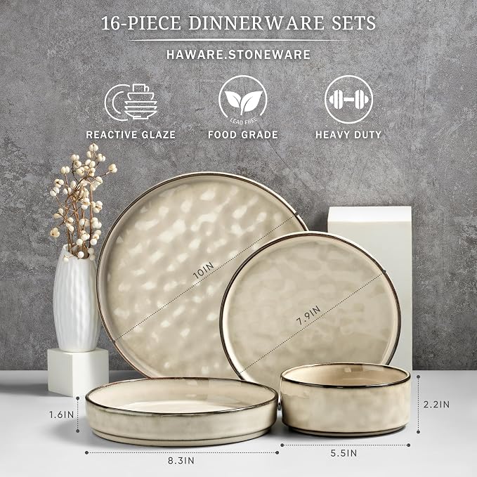 HaWare Dinnerware Sets, 16-Piece Plates and Bowls Set, Stoneware Dish Set for 4, Ceramic Dishware Set for Pasta Cereal, Chip and Scratch Resistant, Microwave and Dishwasher Safe, Saturn Khaki